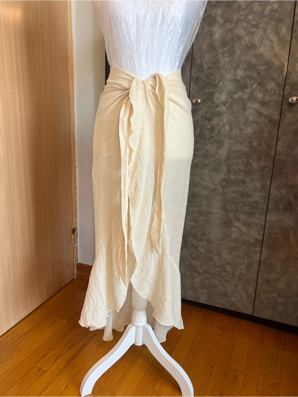 Cream Tie-Front Asymmetric Maxi Skirt